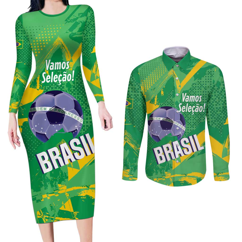 Custom Brazil Football Couples Matching Long Sleeve Bodycon Dress and Long Sleeve Button Shirt Vamos Selecao Brushes Style - Wonder Print Shop