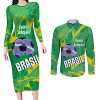 Custom Brazil Football Couples Matching Long Sleeve Bodycon Dress and Long Sleeve Button Shirt Vamos Selecao Brushes Style - Wonder Print Shop