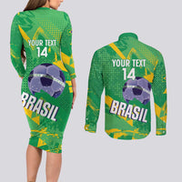 Custom Brazil Football Couples Matching Long Sleeve Bodycon Dress and Long Sleeve Button Shirt Vamos Selecao Brushes Style - Wonder Print Shop