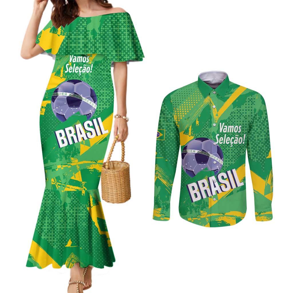 Custom Brazil Football Couples Matching Mermaid Dress and Long Sleeve Button Shirt Vamos Selecao Brushes Style - Wonder Print Shop