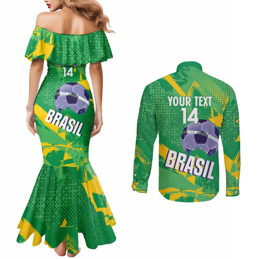 Custom Brazil Football Couples Matching Mermaid Dress and Long Sleeve Button Shirt Vamos Selecao Brushes Style - Wonder Print Shop