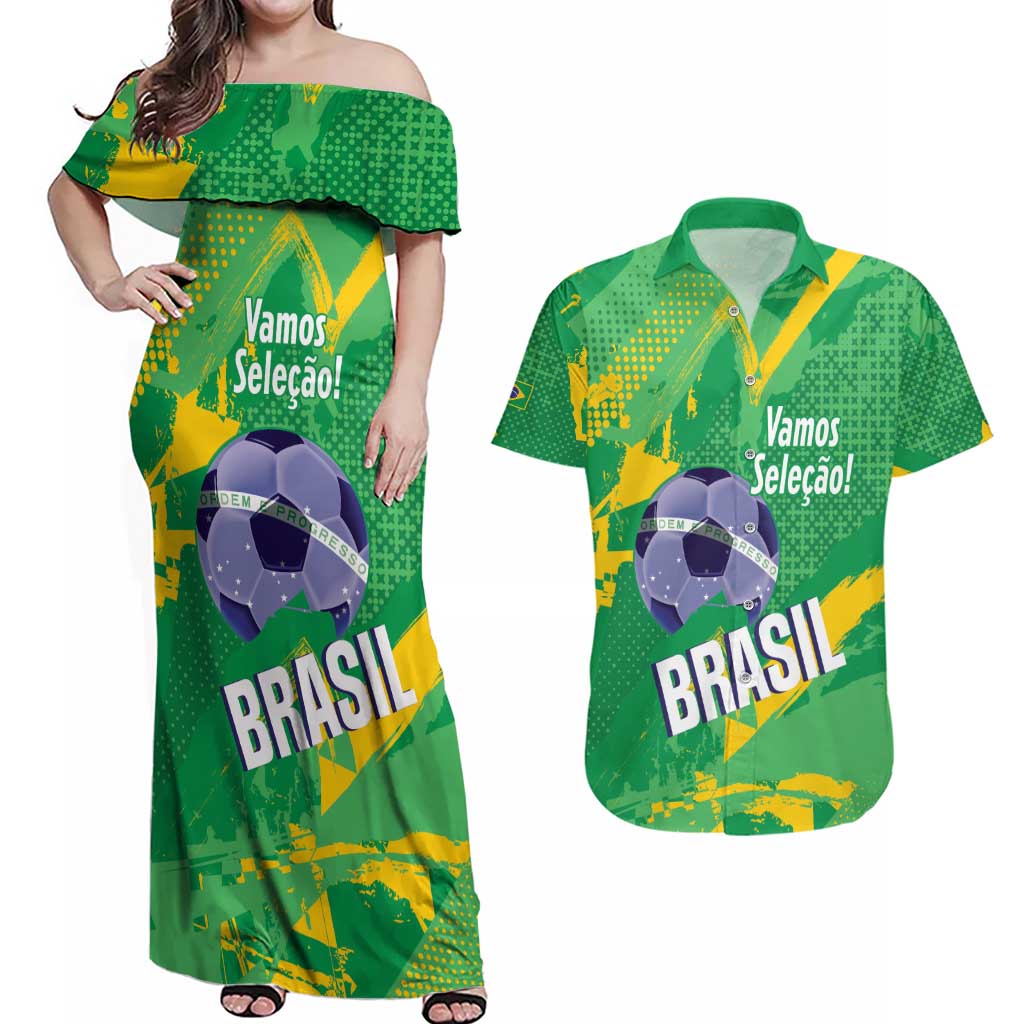 Custom Brazil Football Couples Matching Off Shoulder Maxi Dress and Hawaiian Shirt Vamos Selecao Brushes Style - Wonder Print Shop