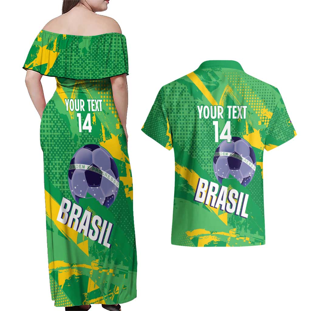 Custom Brazil Football Couples Matching Off Shoulder Maxi Dress and Hawaiian Shirt Vamos Selecao Brushes Style - Wonder Print Shop