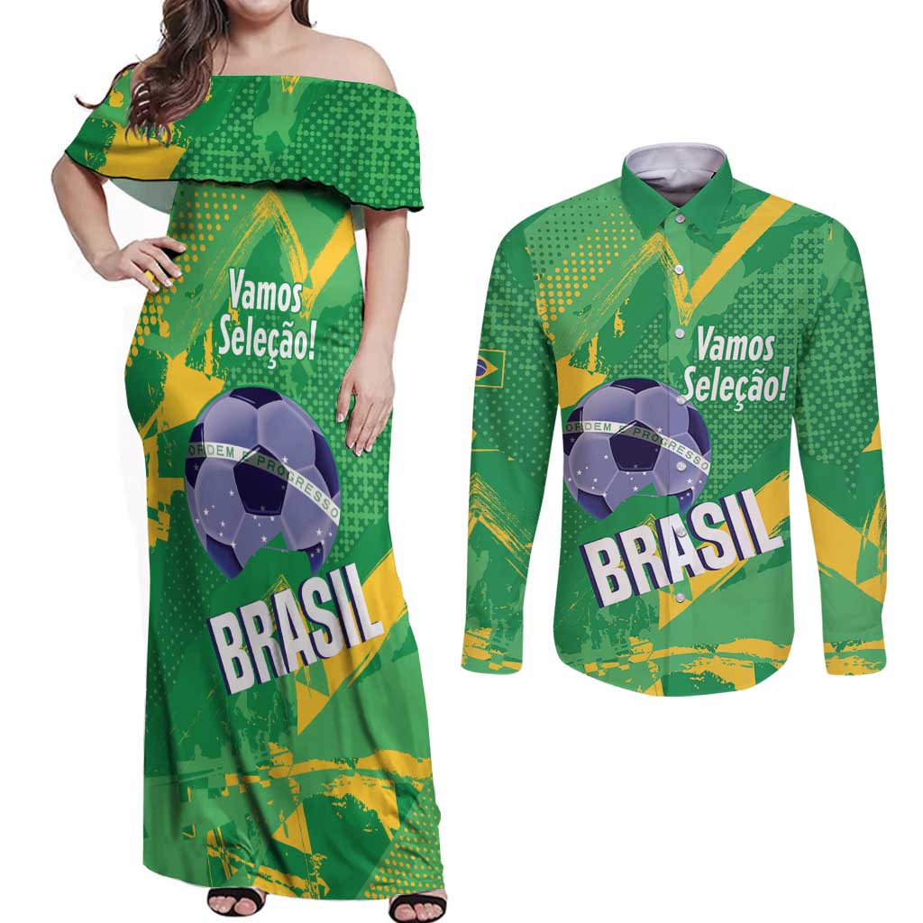 Custom Brazil Football Couples Matching Off Shoulder Maxi Dress and Long Sleeve Button Shirt Vamos Selecao Brushes Style - Wonder Print Shop