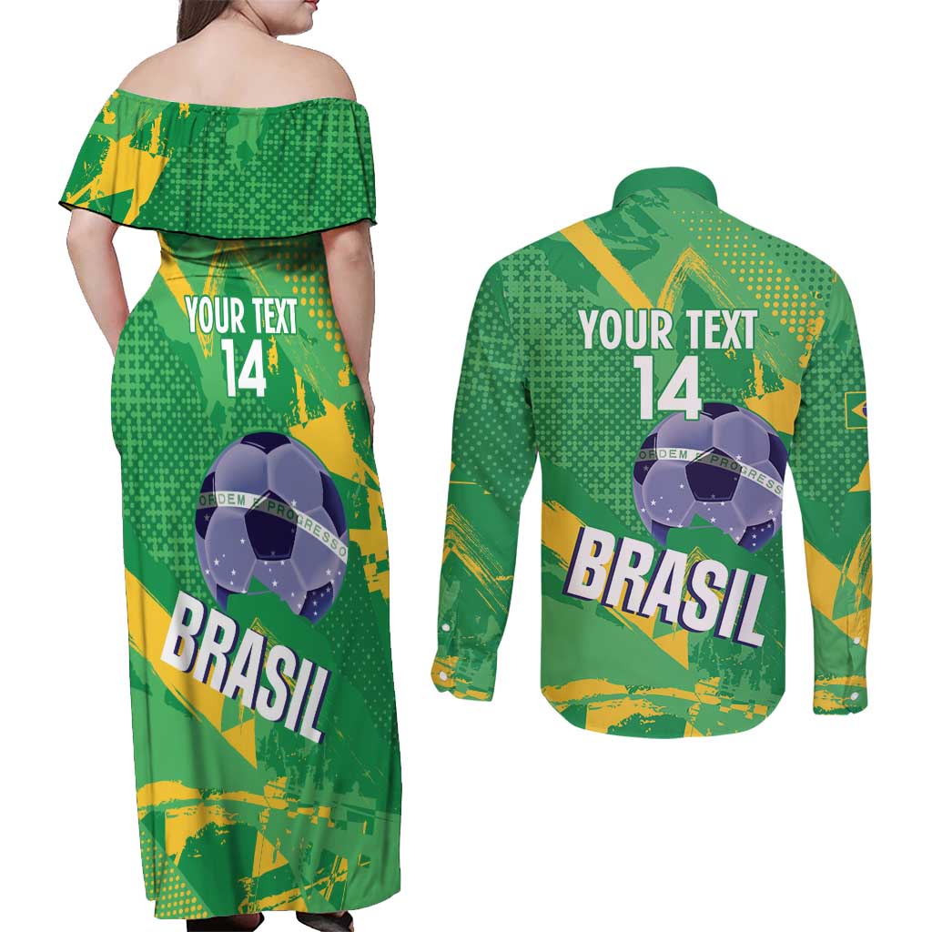 Custom Brazil Football Couples Matching Off Shoulder Maxi Dress and Long Sleeve Button Shirt Vamos Selecao Brushes Style - Wonder Print Shop