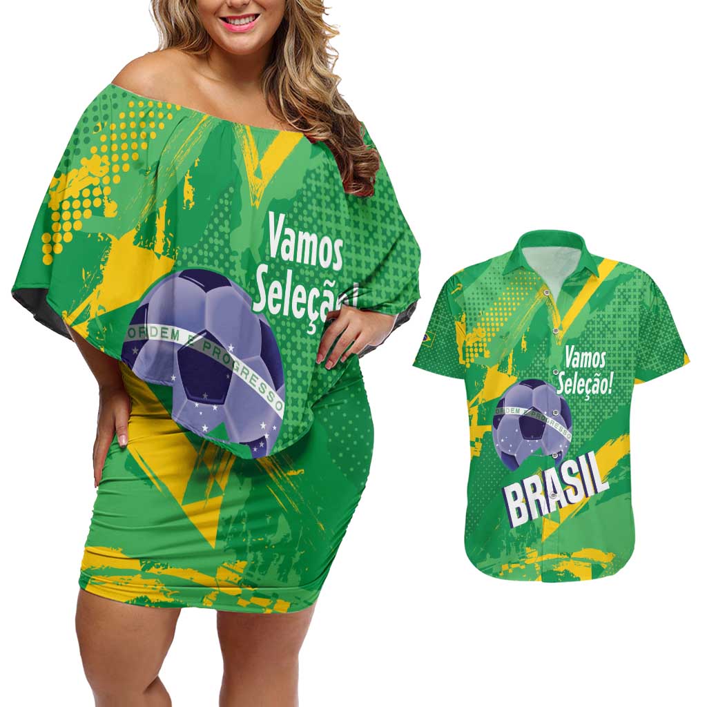 Custom Brazil Football Couples Matching Off Shoulder Short Dress and Hawaiian Shirt Vamos Selecao Brushes Style - Wonder Print Shop