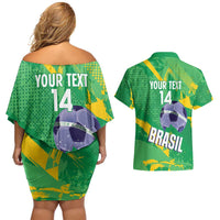 Custom Brazil Football Couples Matching Off Shoulder Short Dress and Hawaiian Shirt Vamos Selecao Brushes Style - Wonder Print Shop