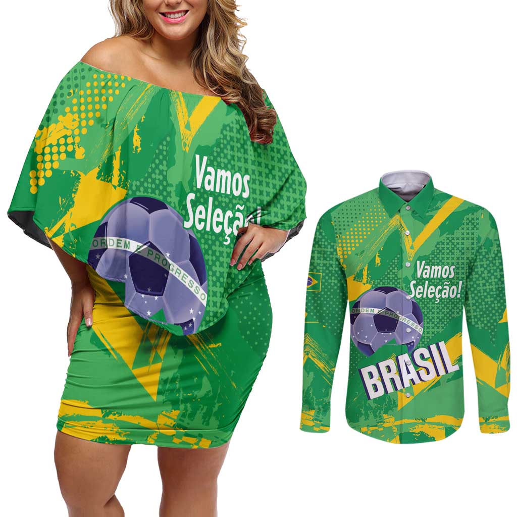 Custom Brazil Football Couples Matching Off Shoulder Short Dress and Long Sleeve Button Shirt Vamos Selecao Brushes Style - Wonder Print Shop