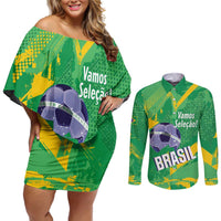 Custom Brazil Football Couples Matching Off Shoulder Short Dress and Long Sleeve Button Shirt Vamos Selecao Brushes Style - Wonder Print Shop