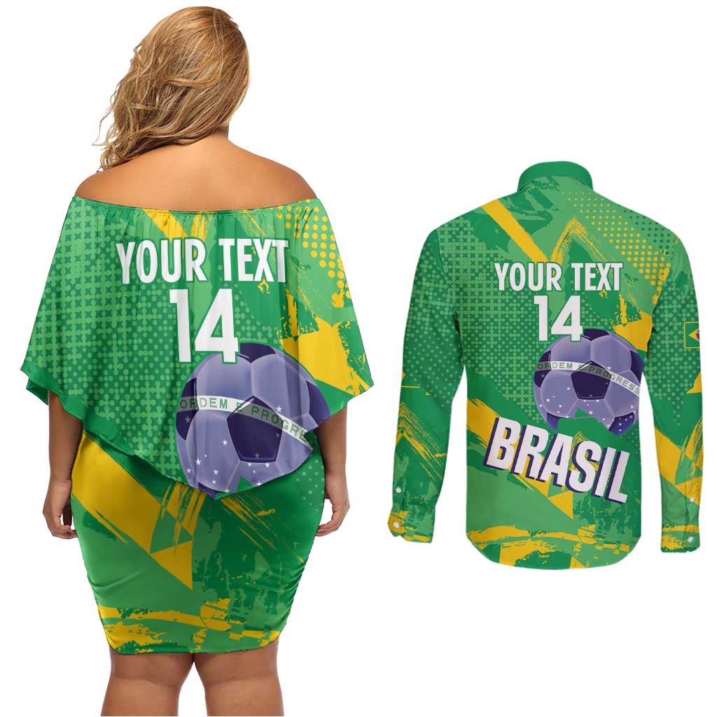 Custom Brazil Football Couples Matching Off Shoulder Short Dress and Long Sleeve Button Shirt Vamos Selecao Brushes Style - Wonder Print Shop