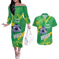 Custom Brazil Football Couples Matching Off The Shoulder Long Sleeve Dress and Hawaiian Shirt Vamos Selecao Brushes Style - Wonder Print Shop