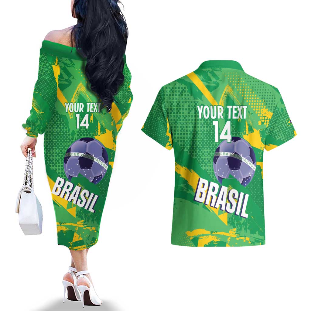 Custom Brazil Football Couples Matching Off The Shoulder Long Sleeve Dress and Hawaiian Shirt Vamos Selecao Brushes Style - Wonder Print Shop