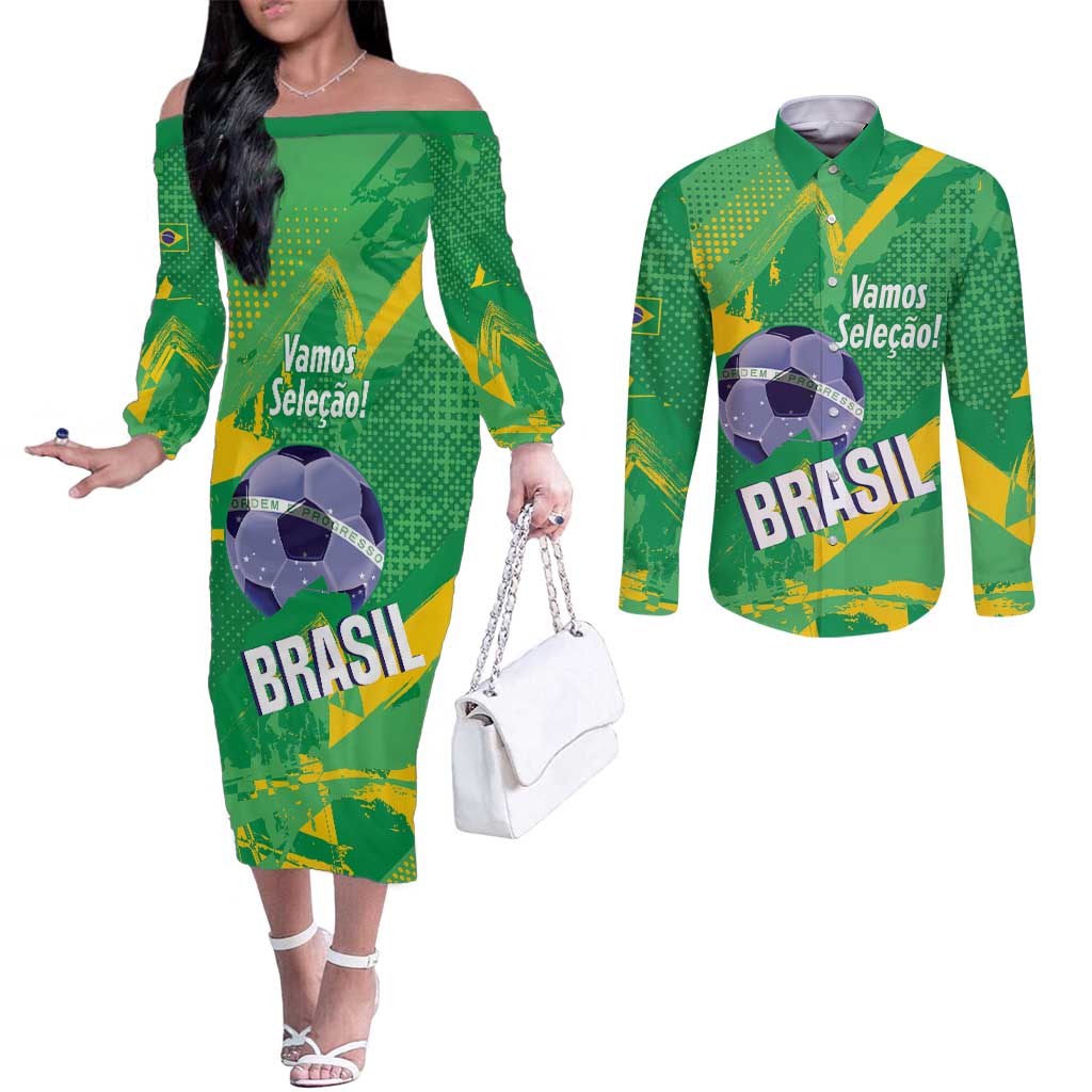 Custom Brazil Football Couples Matching Off The Shoulder Long Sleeve Dress and Long Sleeve Button Shirt Vamos Selecao Brushes Style - Wonder Print Shop