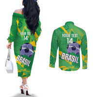 Custom Brazil Football Couples Matching Off The Shoulder Long Sleeve Dress and Long Sleeve Button Shirt Vamos Selecao Brushes Style - Wonder Print Shop