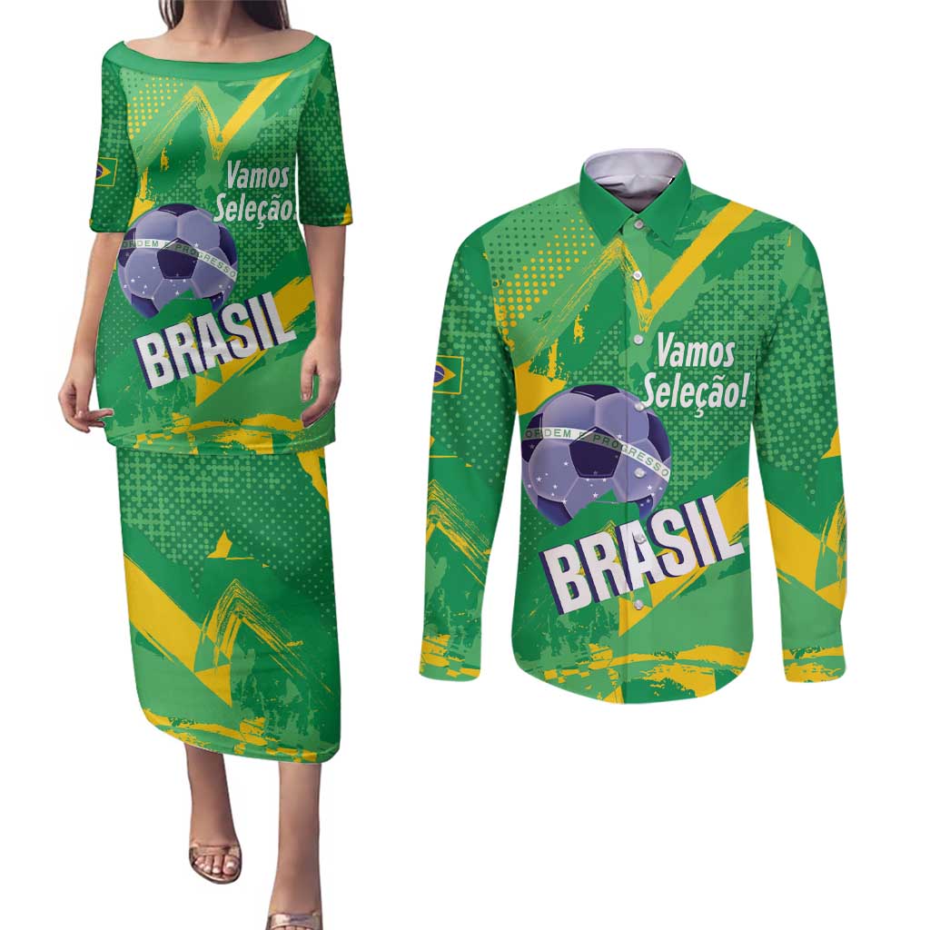 Custom Brazil Football Couples Matching Puletasi and Long Sleeve Button Shirt Vamos Selecao Brushes Style - Wonder Print Shop