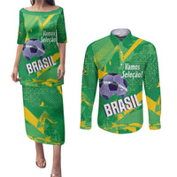 Custom Brazil Football Couples Matching Puletasi and Long Sleeve Button Shirt Vamos Selecao Brushes Style - Wonder Print Shop