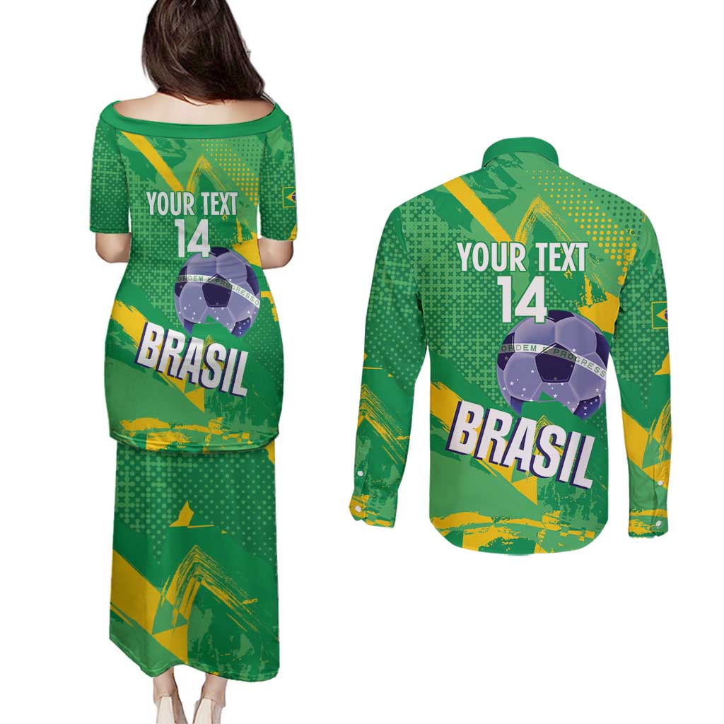 Custom Brazil Football Couples Matching Puletasi and Long Sleeve Button Shirt Vamos Selecao Brushes Style - Wonder Print Shop