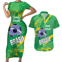 Custom Brazil Football Couples Matching Short Sleeve Bodycon Dress and Hawaiian Shirt Vamos Selecao Brushes Style - Wonder Print Shop