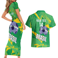 Custom Brazil Football Couples Matching Short Sleeve Bodycon Dress and Hawaiian Shirt Vamos Selecao Brushes Style - Wonder Print Shop