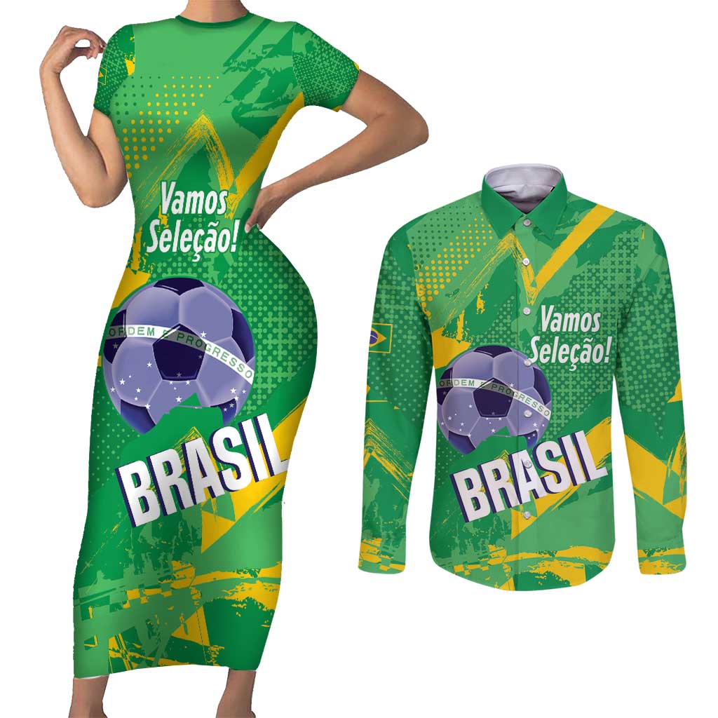 Custom Brazil Football Couples Matching Short Sleeve Bodycon Dress and Long Sleeve Button Shirt Vamos Selecao Brushes Style - Wonder Print Shop