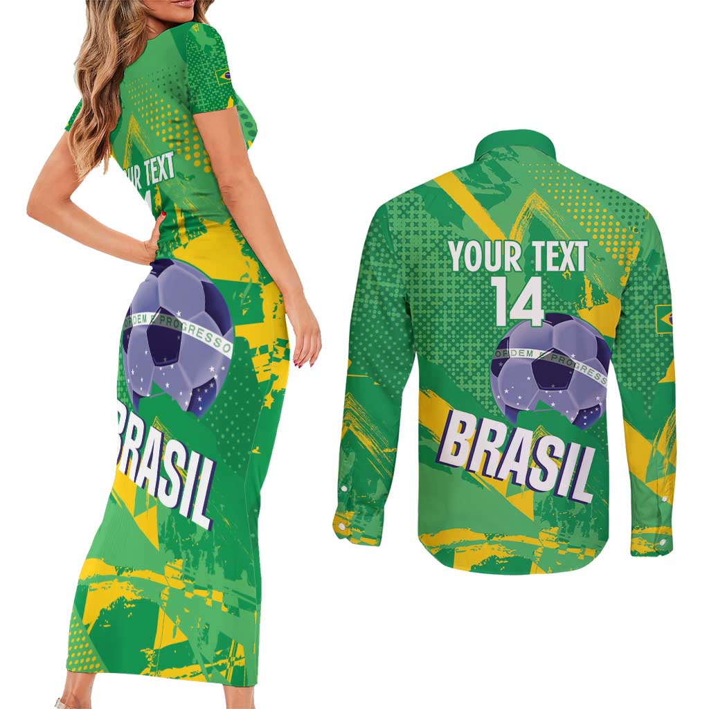 Custom Brazil Football Couples Matching Short Sleeve Bodycon Dress and Long Sleeve Button Shirt Vamos Selecao Brushes Style - Wonder Print Shop