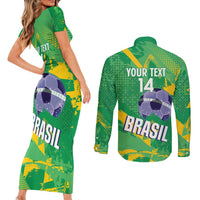 Custom Brazil Football Couples Matching Short Sleeve Bodycon Dress and Long Sleeve Button Shirt Vamos Selecao Brushes Style - Wonder Print Shop