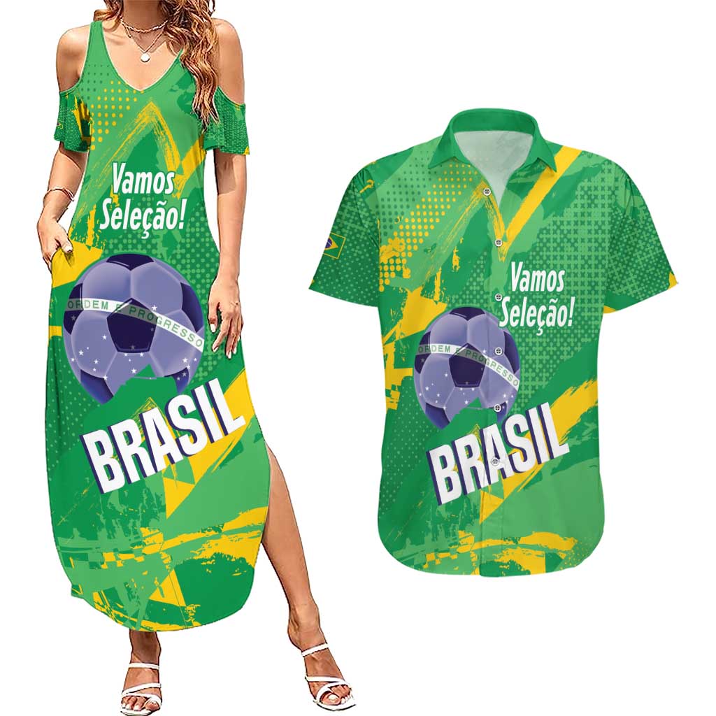 Custom Brazil Football Couples Matching Summer Maxi Dress and Hawaiian Shirt Vamos Selecao Brushes Style - Wonder Print Shop