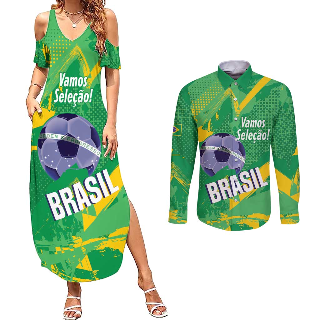 Custom Brazil Football Couples Matching Summer Maxi Dress and Long Sleeve Button Shirt Vamos Selecao Brushes Style - Wonder Print Shop