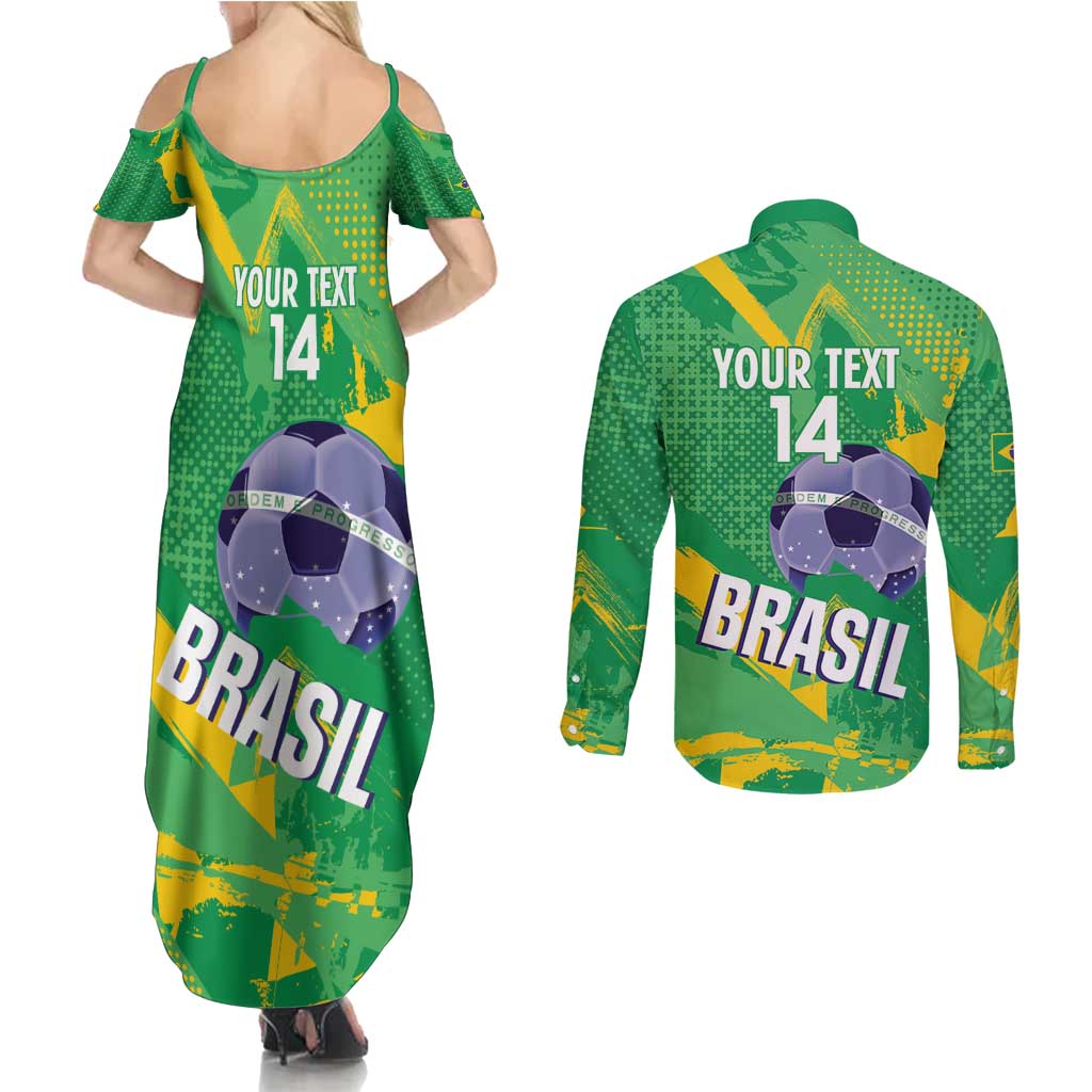Custom Brazil Football Couples Matching Summer Maxi Dress and Long Sleeve Button Shirt Vamos Selecao Brushes Style - Wonder Print Shop