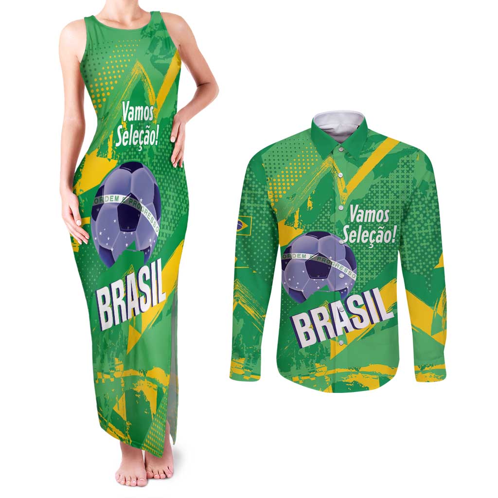 Custom Brazil Football Couples Matching Tank Maxi Dress and Long Sleeve Button Shirt Vamos Selecao Brushes Style - Wonder Print Shop