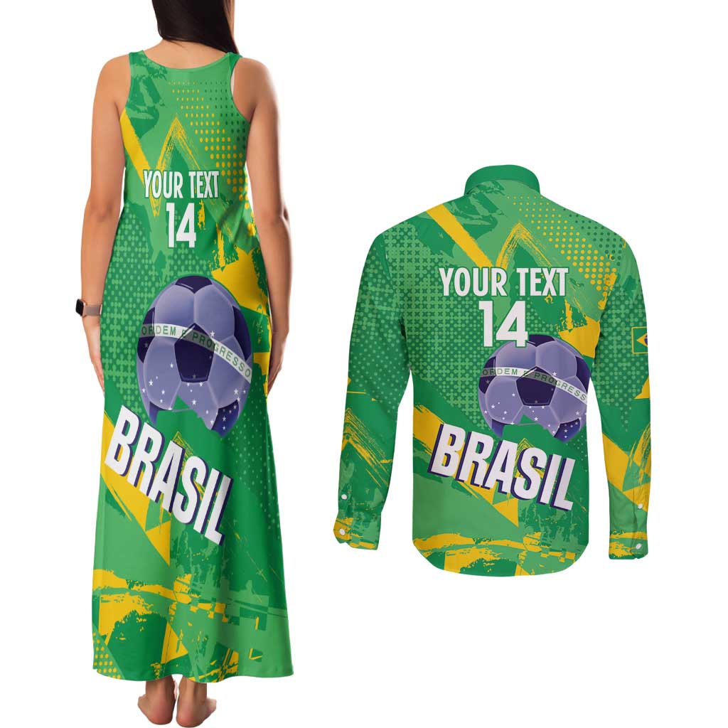 Custom Brazil Football Couples Matching Tank Maxi Dress and Long Sleeve Button Shirt Vamos Selecao Brushes Style - Wonder Print Shop