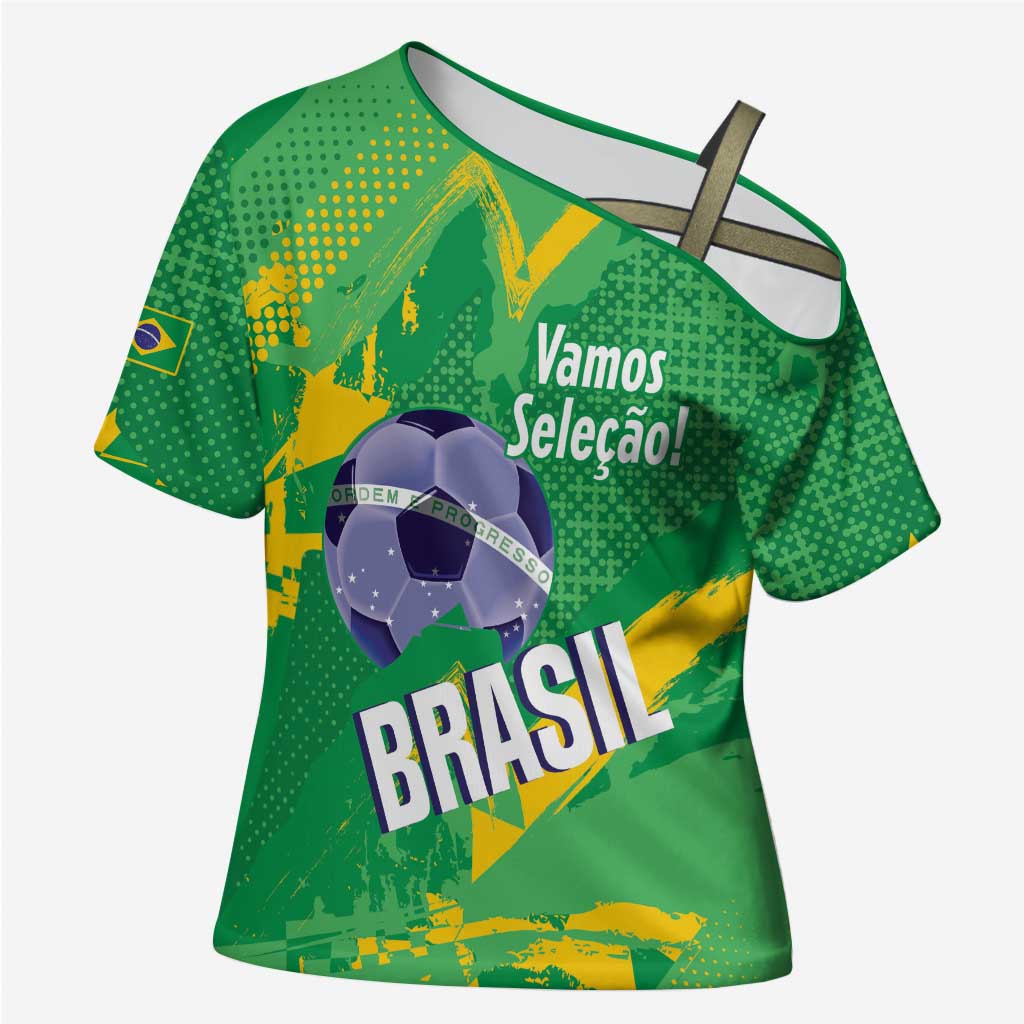 Custom Brazil Football Cross Shoulder Shirt Vamos Selecao Brushes Style - Wonder Print Shop