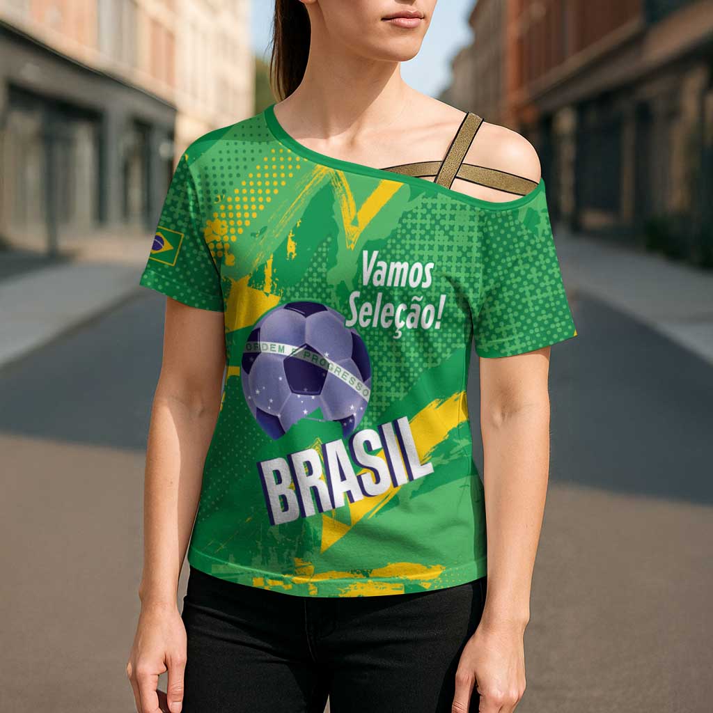 Custom Brazil Football Cross Shoulder Shirt Vamos Selecao Brushes Style - Wonder Print Shop