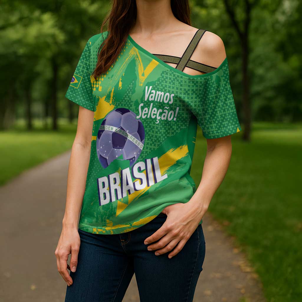 Custom Brazil Football Cross Shoulder Shirt Vamos Selecao Brushes Style - Wonder Print Shop