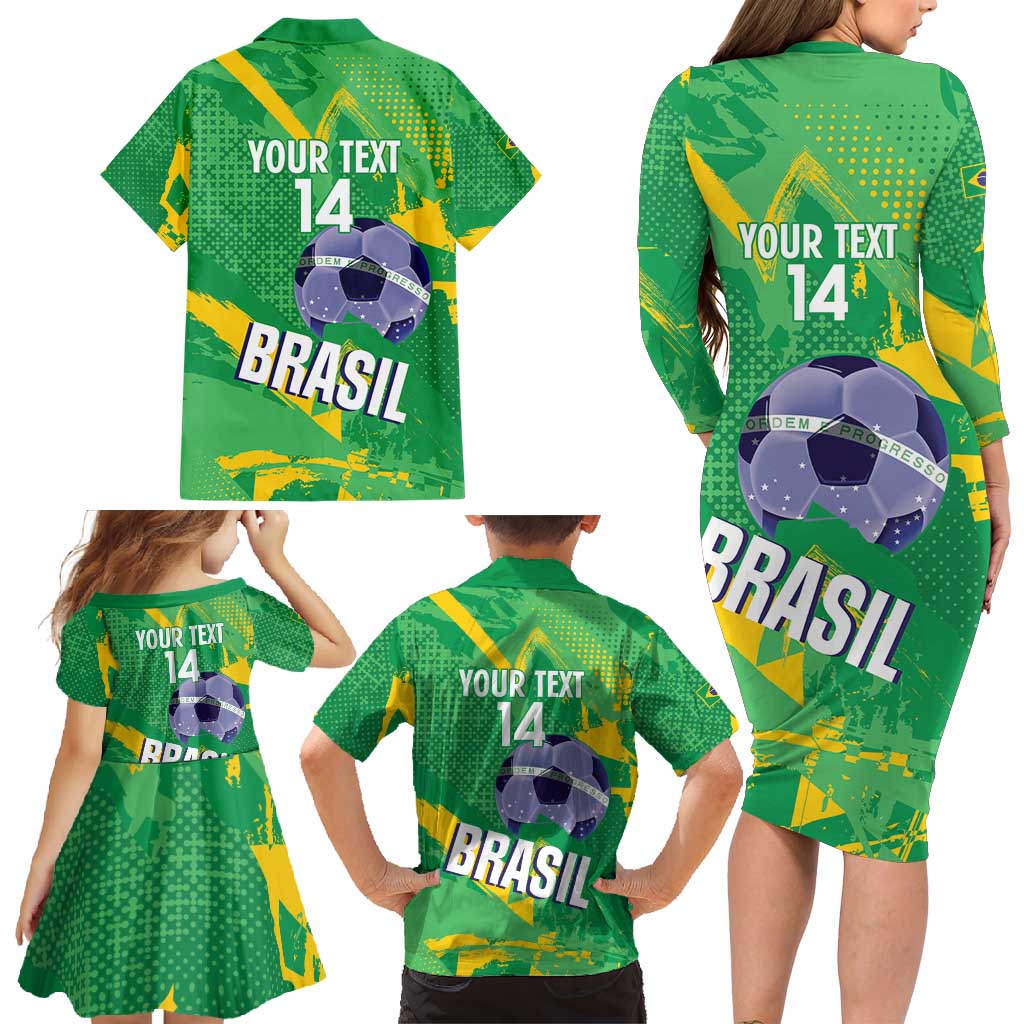 Custom Brazil Football Family Matching Long Sleeve Bodycon Dress and Hawaiian Shirt Vamos Selecao Brushes Style - Wonder Print Shop