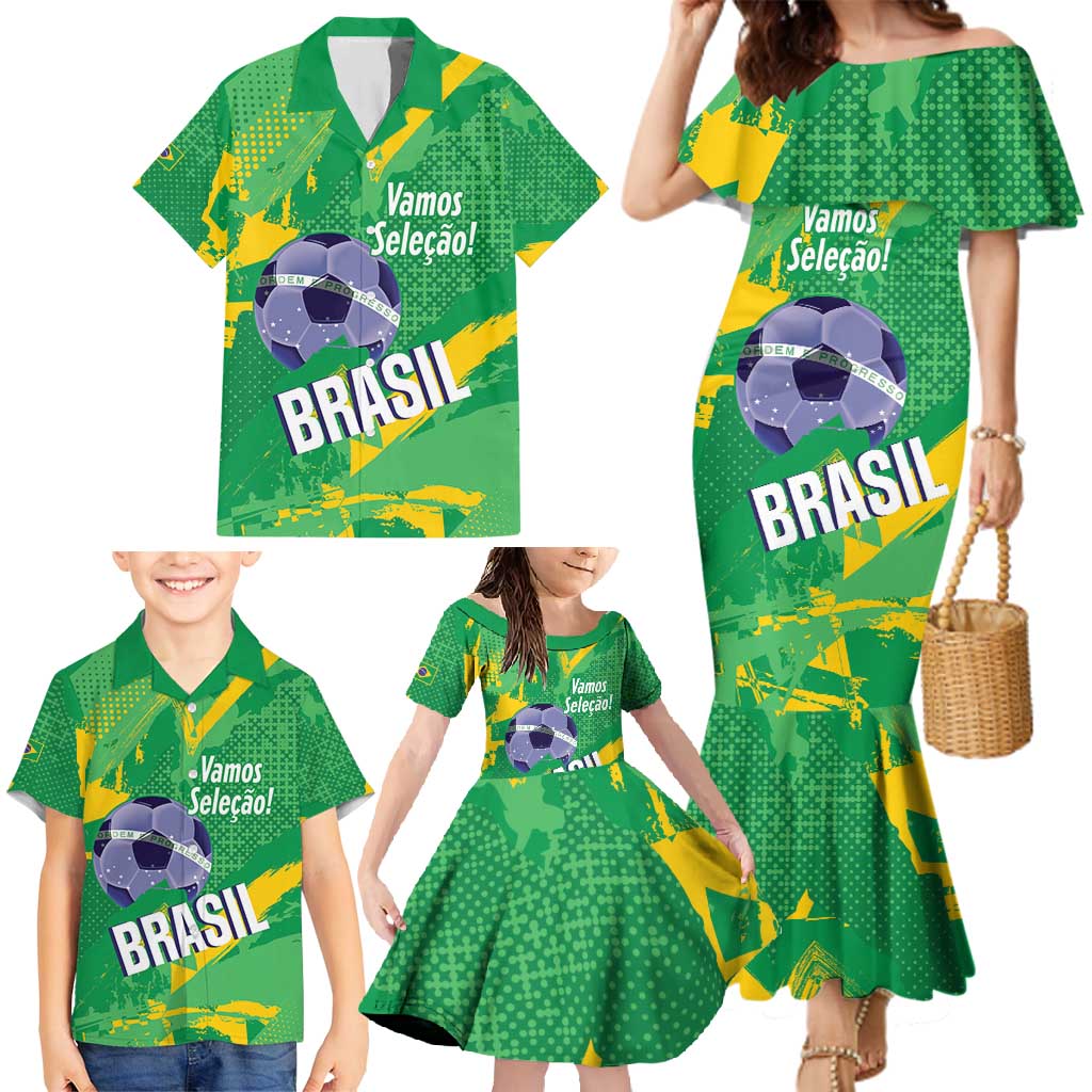 Custom Brazil Football Family Matching Mermaid Dress and Hawaiian Shirt Vamos Selecao Brushes Style - Wonder Print Shop