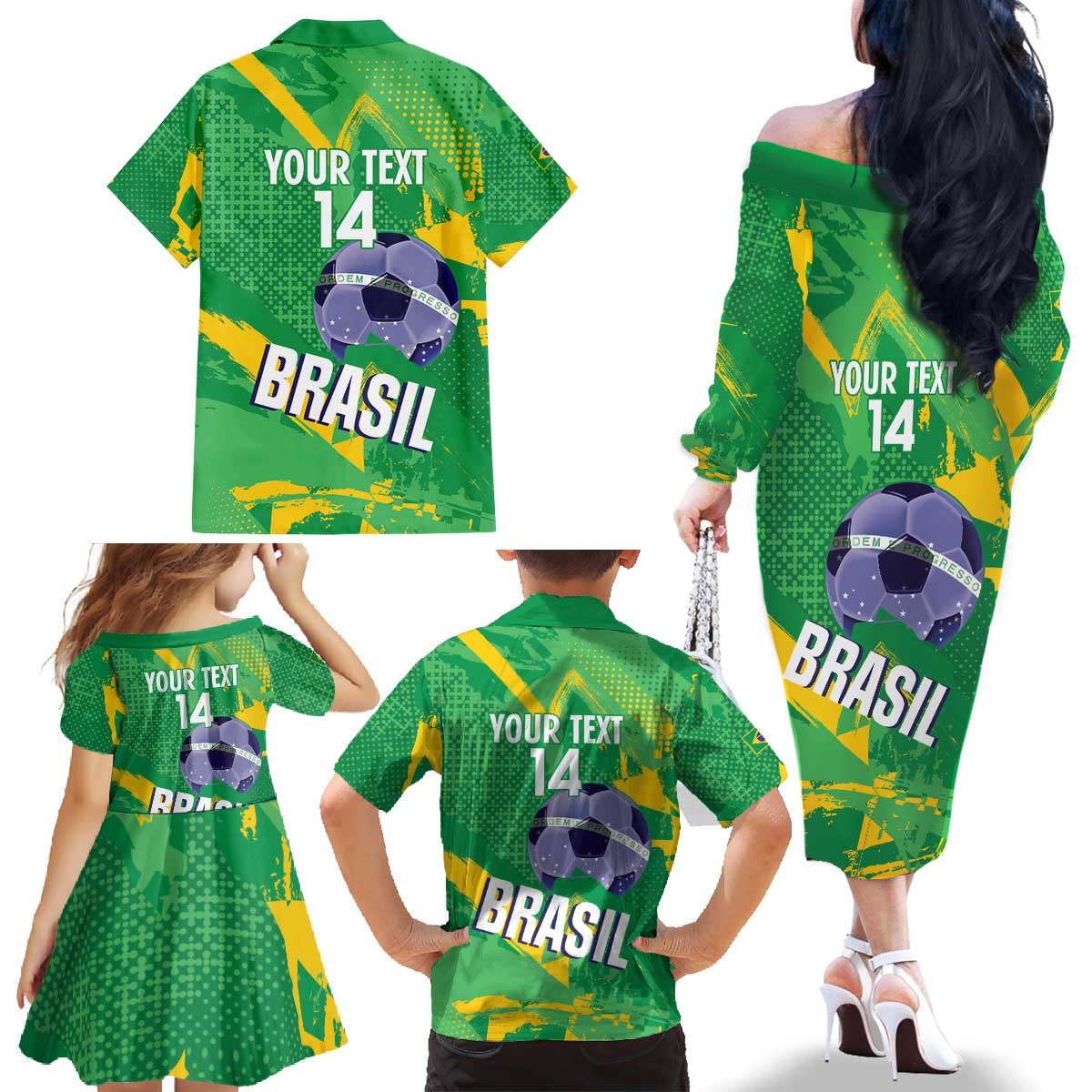 Custom Brazil Football Family Matching Off The Shoulder Long Sleeve Dress and Hawaiian Shirt Vamos Selecao Brushes Style - Wonder Print Shop