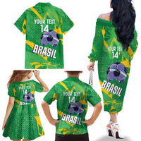 Custom Brazil Football Family Matching Off The Shoulder Long Sleeve Dress and Hawaiian Shirt Vamos Selecao Brushes Style - Wonder Print Shop