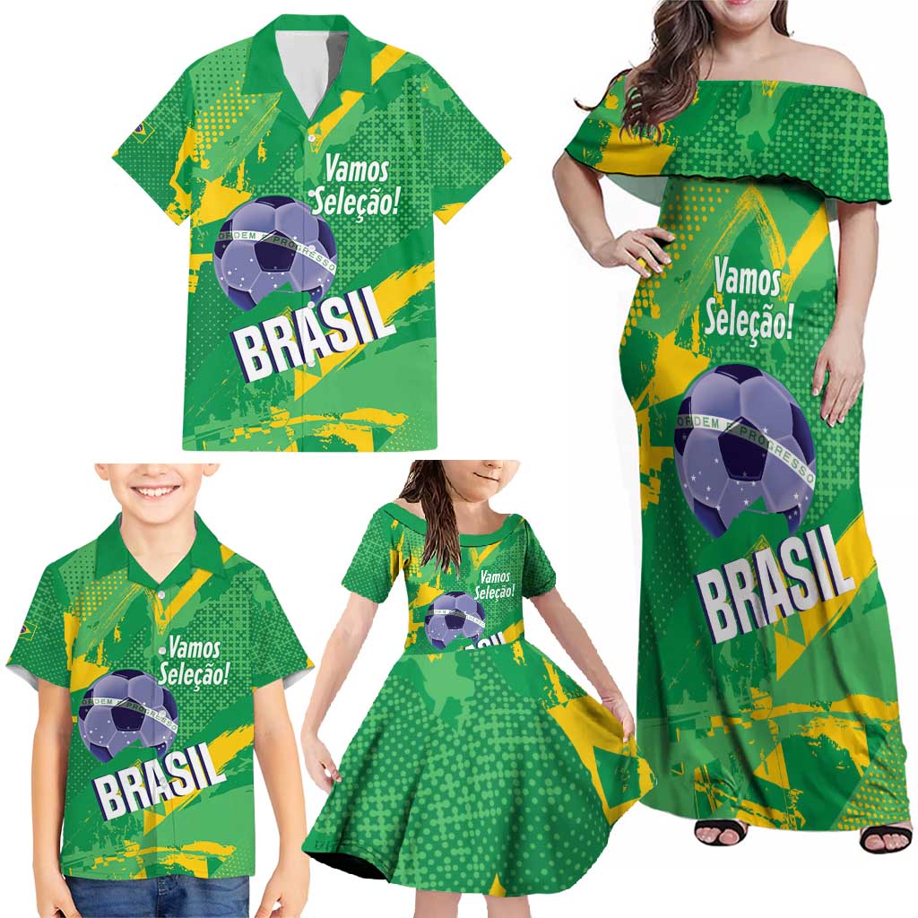 Custom Brazil Football Family Matching Off Shoulder Maxi Dress and Hawaiian Shirt Vamos Selecao Brushes Style - Wonder Print Shop