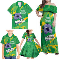 Custom Brazil Football Family Matching Off Shoulder Maxi Dress and Hawaiian Shirt Vamos Selecao Brushes Style - Wonder Print Shop