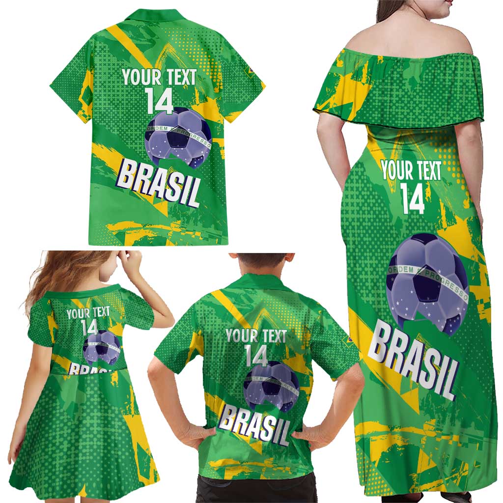 Custom Brazil Football Family Matching Off Shoulder Maxi Dress and Hawaiian Shirt Vamos Selecao Brushes Style - Wonder Print Shop