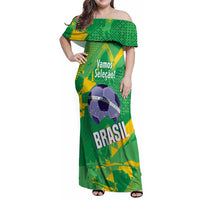 Custom Brazil Football Family Matching Off Shoulder Maxi Dress and Hawaiian Shirt Vamos Selecao Brushes Style - Wonder Print Shop