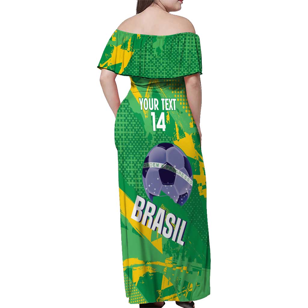 Custom Brazil Football Family Matching Off Shoulder Maxi Dress and Hawaiian Shirt Vamos Selecao Brushes Style - Wonder Print Shop