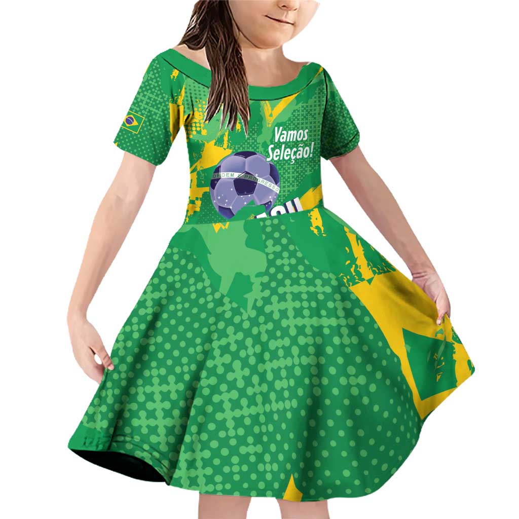 Custom Brazil Football Family Matching Off Shoulder Short Dress and Hawaiian Shirt Vamos Selecao Brushes Style - Wonder Print Shop