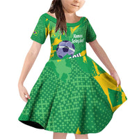 Custom Brazil Football Family Matching Off Shoulder Short Dress and Hawaiian Shirt Vamos Selecao Brushes Style - Wonder Print Shop