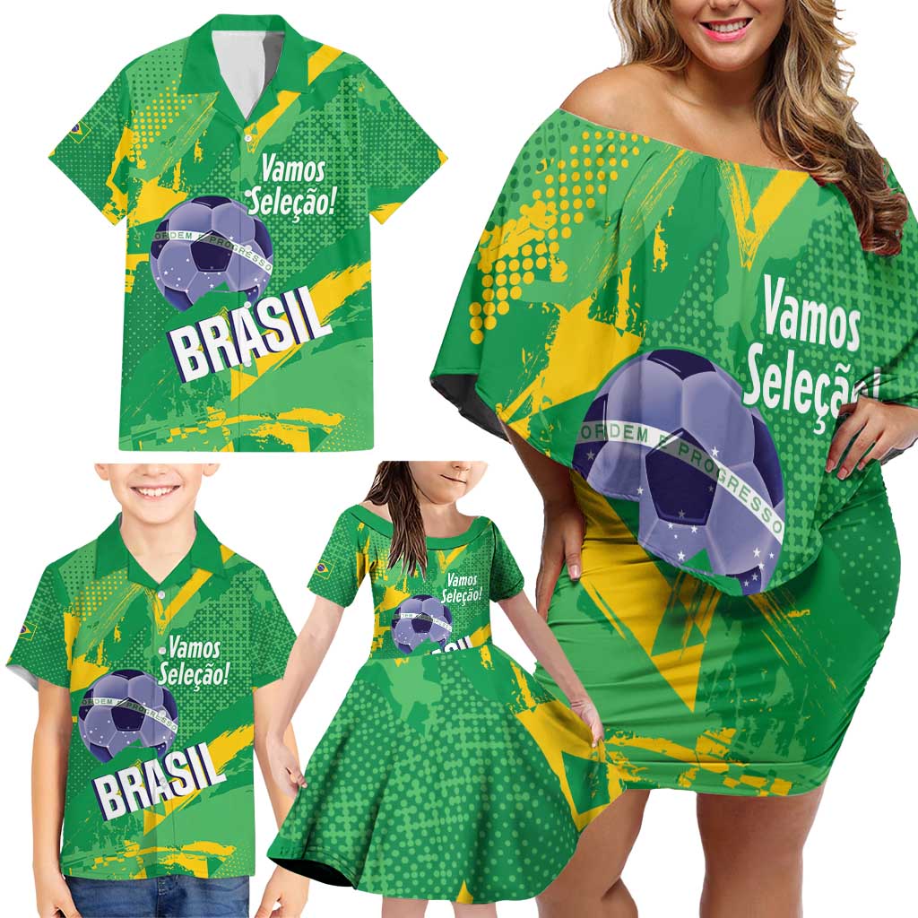 Custom Brazil Football Family Matching Off Shoulder Short Dress and Hawaiian Shirt Vamos Selecao Brushes Style - Wonder Print Shop