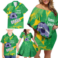 Custom Brazil Football Family Matching Off Shoulder Short Dress and Hawaiian Shirt Vamos Selecao Brushes Style - Wonder Print Shop