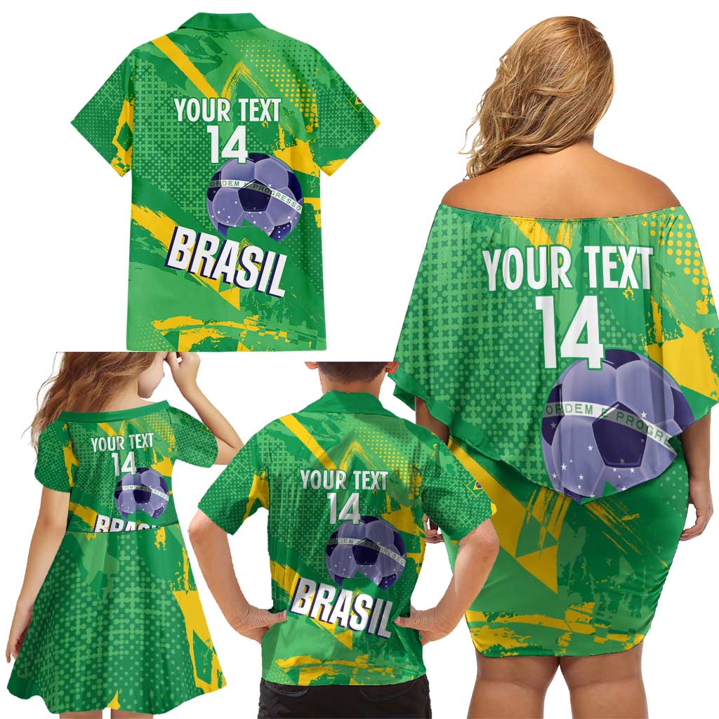Custom Brazil Football Family Matching Off Shoulder Short Dress and Hawaiian Shirt Vamos Selecao Brushes Style - Wonder Print Shop