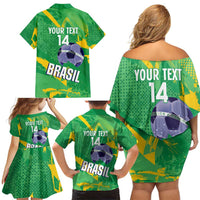 Custom Brazil Football Family Matching Off Shoulder Short Dress and Hawaiian Shirt Vamos Selecao Brushes Style - Wonder Print Shop