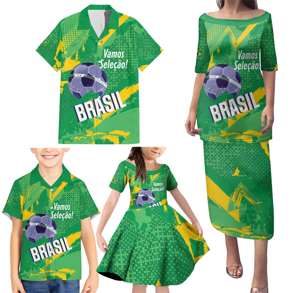 Custom Brazil Football Family Matching Puletasi and Hawaiian Shirt Vamos Selecao Brushes Style - Wonder Print Shop